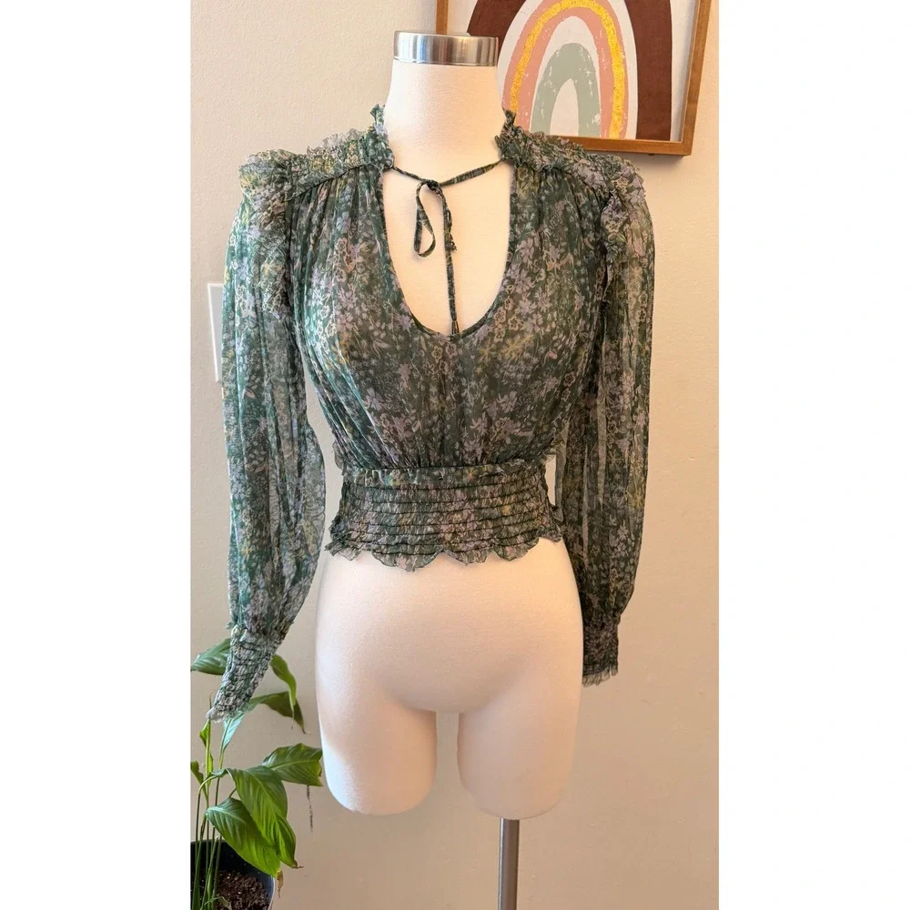 Free People Floral Mesh Crop Top Womens XS Green Boho Smocked Ruffle Blouse